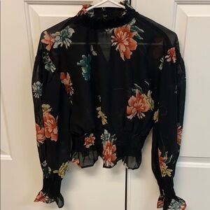 Truth Black and Pink Floral Semi Sheer Long Sleeve Blouse Size Small